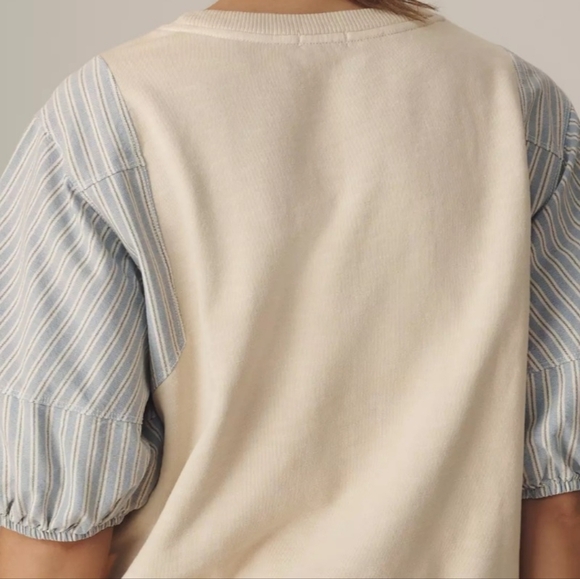 NWT Pilcro Woven Crewneck Puff-Sleeve Top in Beige and Blue Stripe Size L - Picture 3 of 8
